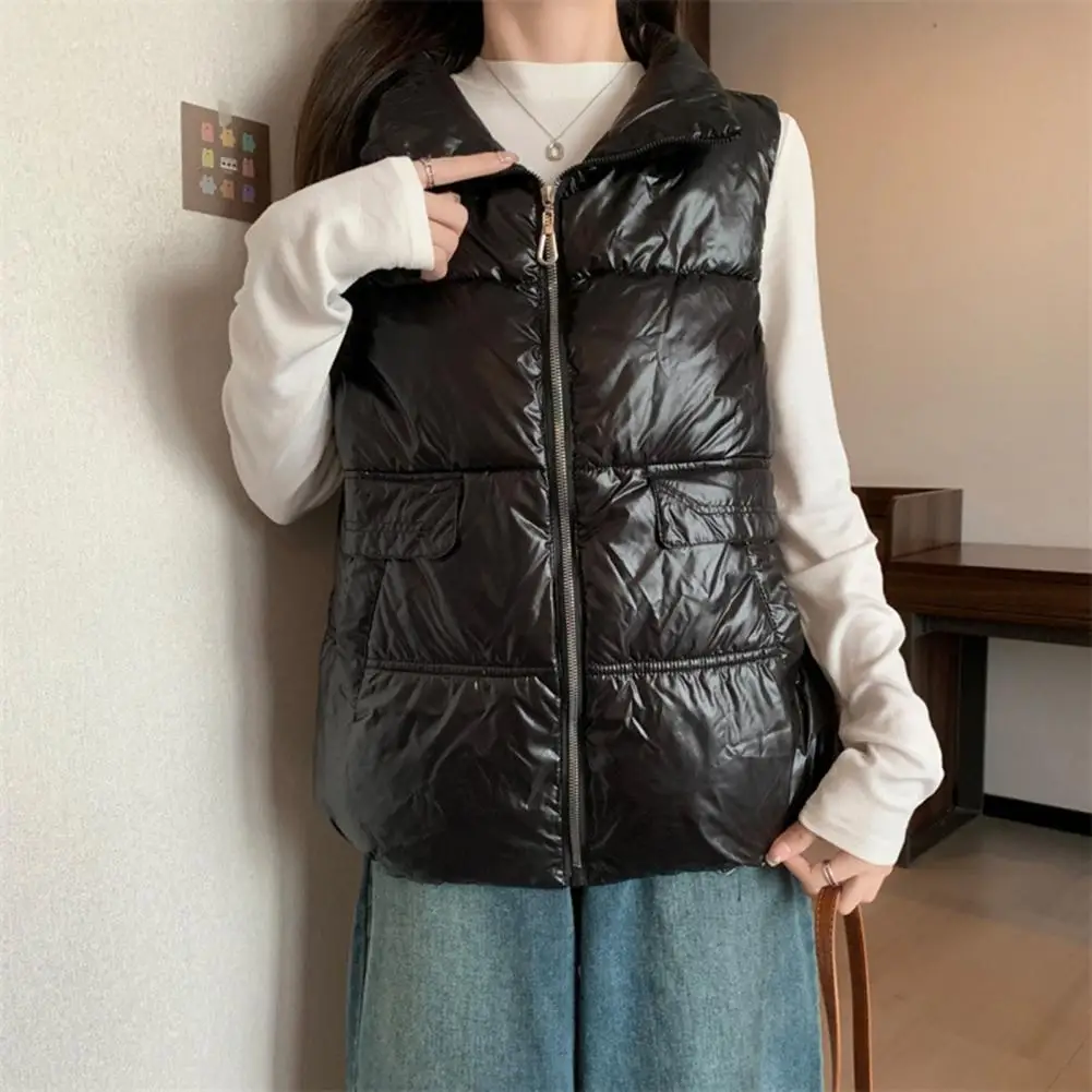 

Cold Winter Waistcoat Thickened Padded Women's Winter Vest Windproof Heat Retention Sleeveless Lapel Pockets Zipper