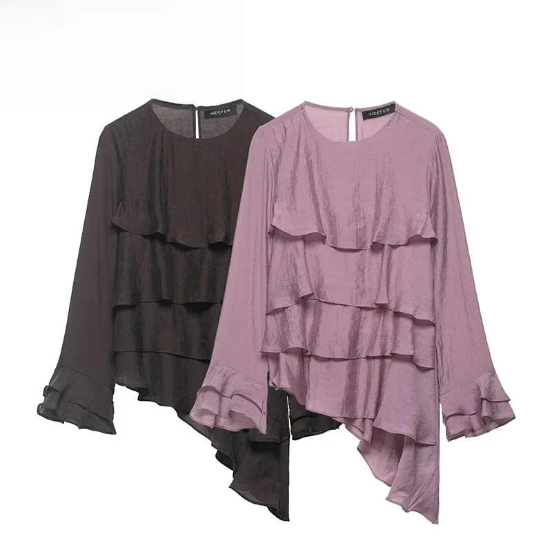 

Fashion Asymmetric Layered Decoration Top Women's Shirt ZR Spring New Style Asymmetric Decorative Overlap Fashionable Ladies'...