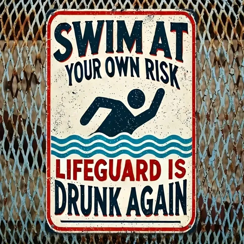 Fun Lifeguard Warning Sign - Vintage Pool Decor | Swim At Your Own Risk Heavy Duty Aluminum, Distressed Red and Blue