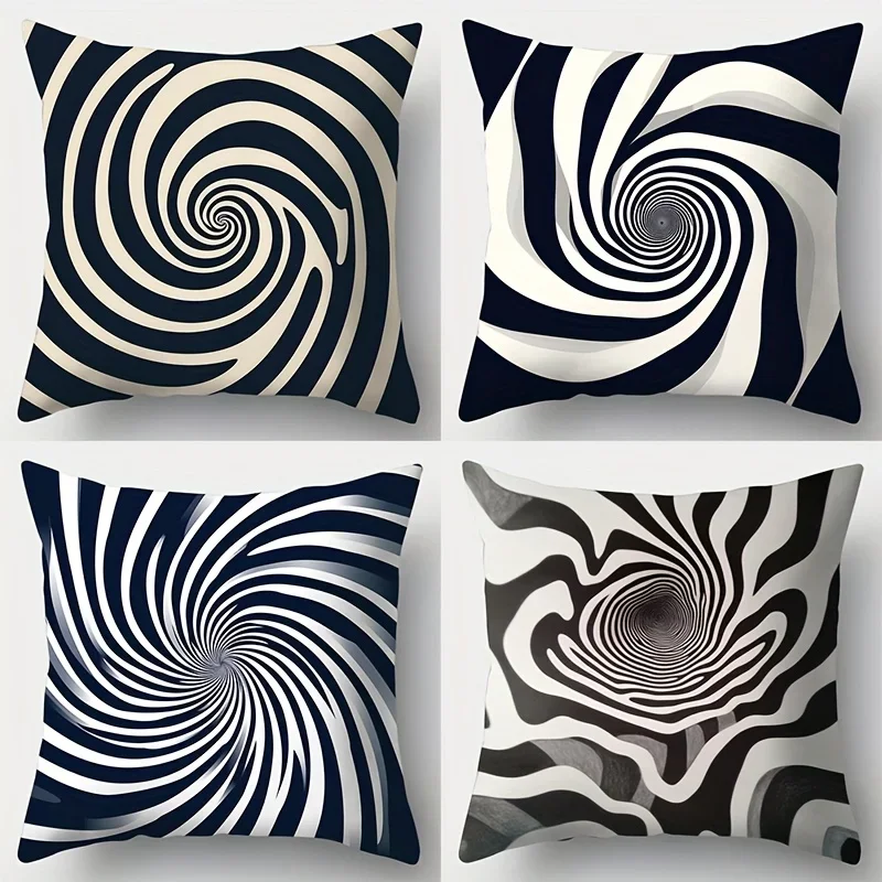 Set of 4 Throw Pillow Covers with Abstract Swirl Vortex Design for Modern Living Room Decor
