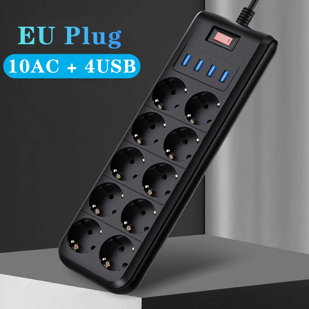 4000W Power Strip EU Plug Adapter Extension Cord 10 Outlet 4 USB Charger Electrical Sockets Home Office Surge Protector Socket