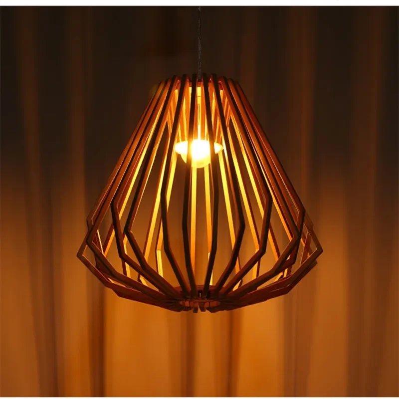 

Nordic Wooden Cage Pendant Living Room Dining Study Modern Solid Wood Art LED Lamp Indoor Lighting Home Deco E27