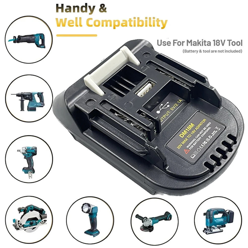 DM18M Battery Adapter with USB Charging Socket for Dewalt 20V Battery Convert to FOR Makita 18V BL1830 (Adapter only)