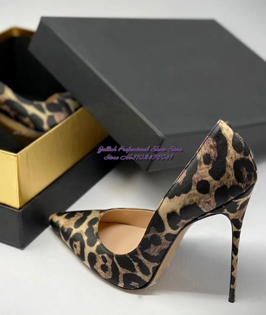 ALMUDENA Leopard Satin High Heel Dress Pumps 12CM 10CM 8CM Stilettos Slip-On Pointed Toe Wedding Shoes Shallow Sky High Heels