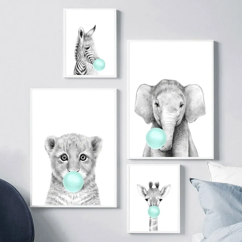 Nordic Kids Room Teal Bubble Elephant Giraffe Child Animal Minimalist Wall Art Print Canvas  Posters for Home Decor