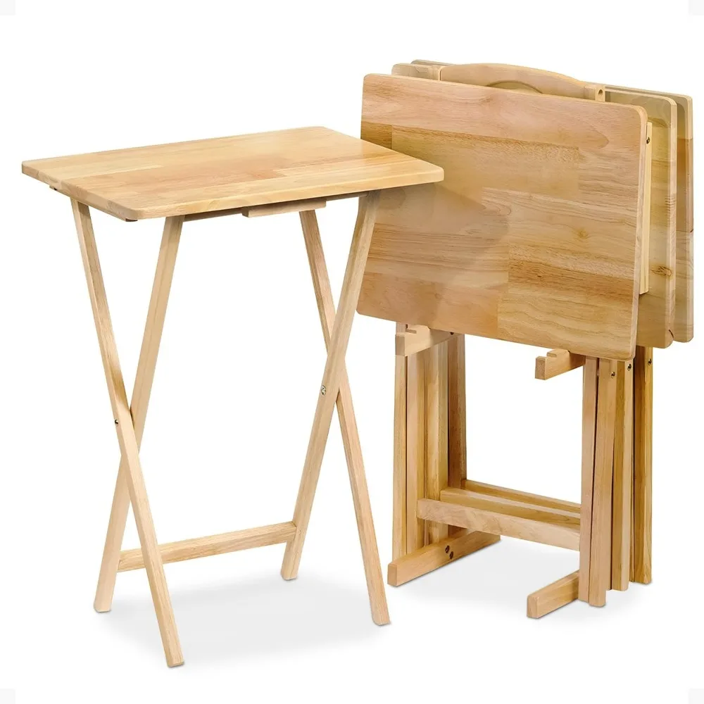 

PJ Wood 5-Pack TV Tray, Folding Wooden Dinner Table Set with Storage Rack, Natural - Portable and Adjustable Home Furniture for