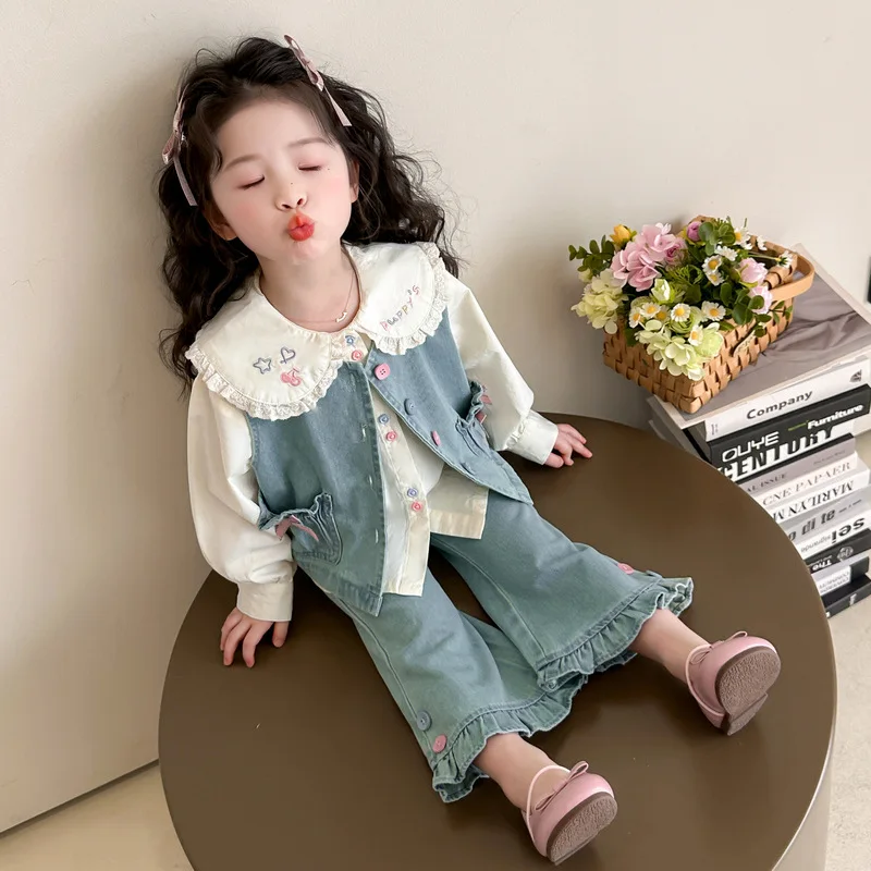 

Hot Girl T-Shirt Vest Jeans Three-Piece Set Spring Autumn Cowboy Coat Lace Tops Child Kawaii Fashion New Style Casual Clothing