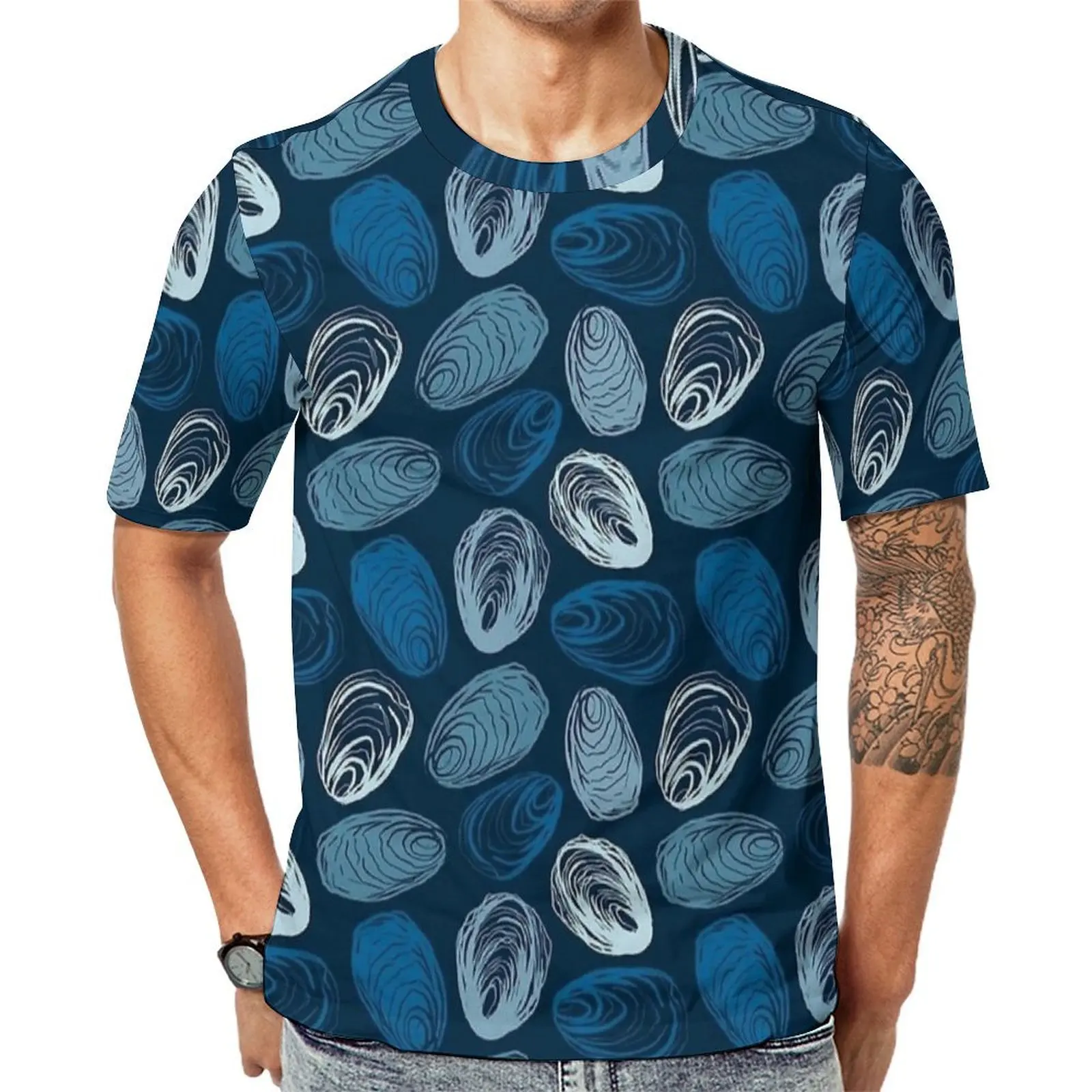 Big Size T-Shirt Premium Navy Oyster Shell Pattern T Shirts  Awesome O Neck Tshirt Man Fashion Graphic Tees