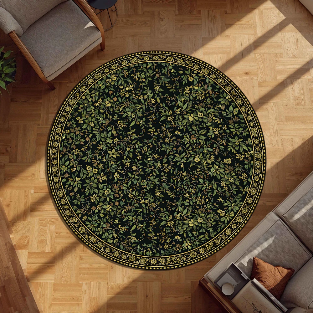 Dark Green Vintage Vine Foliage Pattern print Circle Rug living room dining room study entryway home decor Non Slip Rug Present