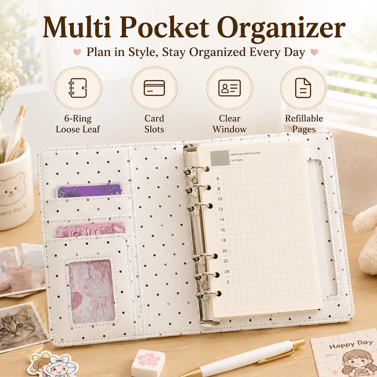 A6 Portable Journal Book 6 Ring Binder Notebook Polka Dot Cloth Loose Leaf Planner Scrapbook Journal Photo Album School Gift - view 4