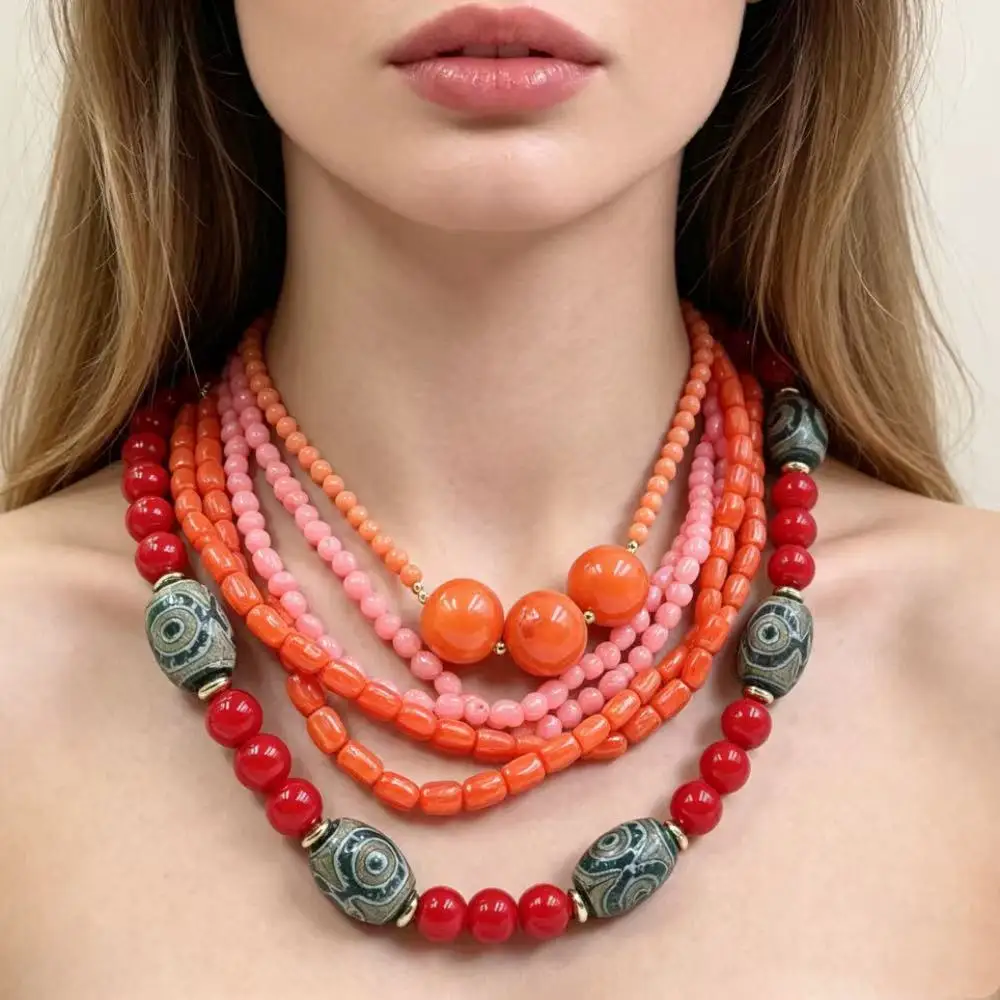 Vintage Women Jewelry RetroNatural Sea Bamboo Red Orange Coral Short Chokers Necklace 18inch