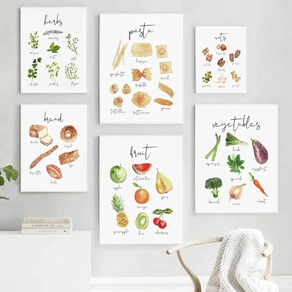 Ater color Food Poster drucken Obst Gemüse Brot Käse Pasta Nüsse Leinwand Malerei Bild Wand dekoration Küche Wohnkultur