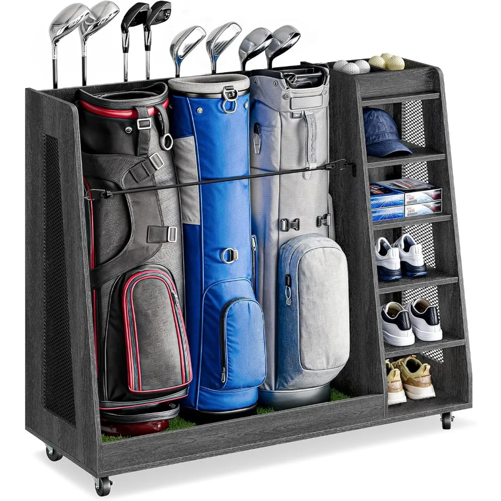 Bag Organizer for Garage, Wooden Bag Stand Holder with Wheels, Golf Storage Organizer for Golf Bags, Clubs, Balls