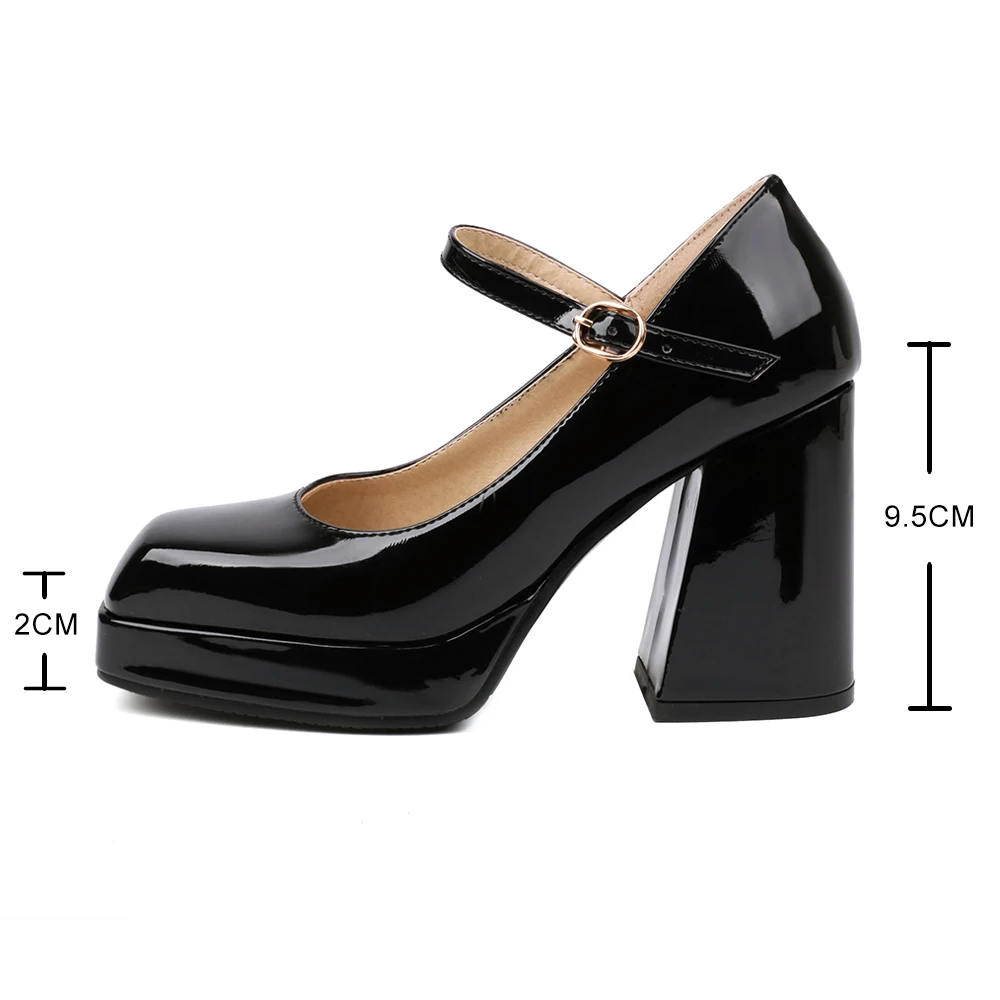 Fashion Ankle Strap Platform Pumps Women Pu Leather Square Toe Mary Jane Shoes Woman Goth Thick High Heels Shoes Ladies Yellow