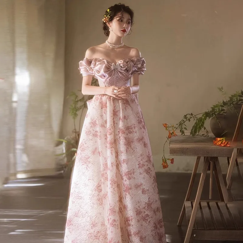 

2025 New Women's Summer Banquet Engagement Dress Fashionable French Retro Toast Dress High Quality One Shoulder Dress