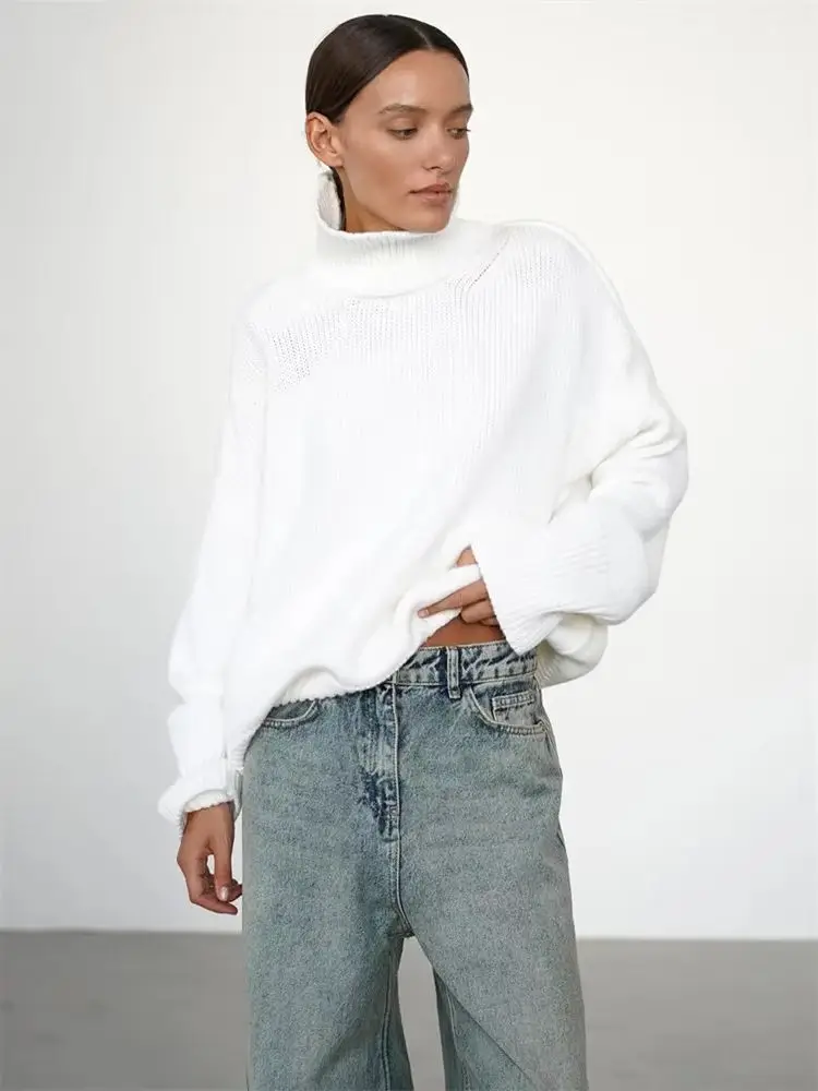 المرأة تريكو سترة الموضة الياقة المدورة بلوزة عادية أنيقة مضلع فضفاضة طويلة الأكمام بلون الإناث سترة الإناث #4