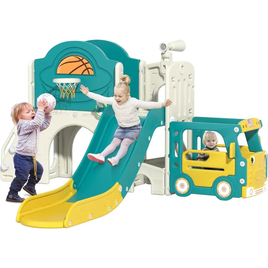 

9-in-1 Toddler Slide Bus-Themed Baby Slide and Climber Playset with Basketball Hoop Ring-Toss Car Playhouse Indoor and Outdoor