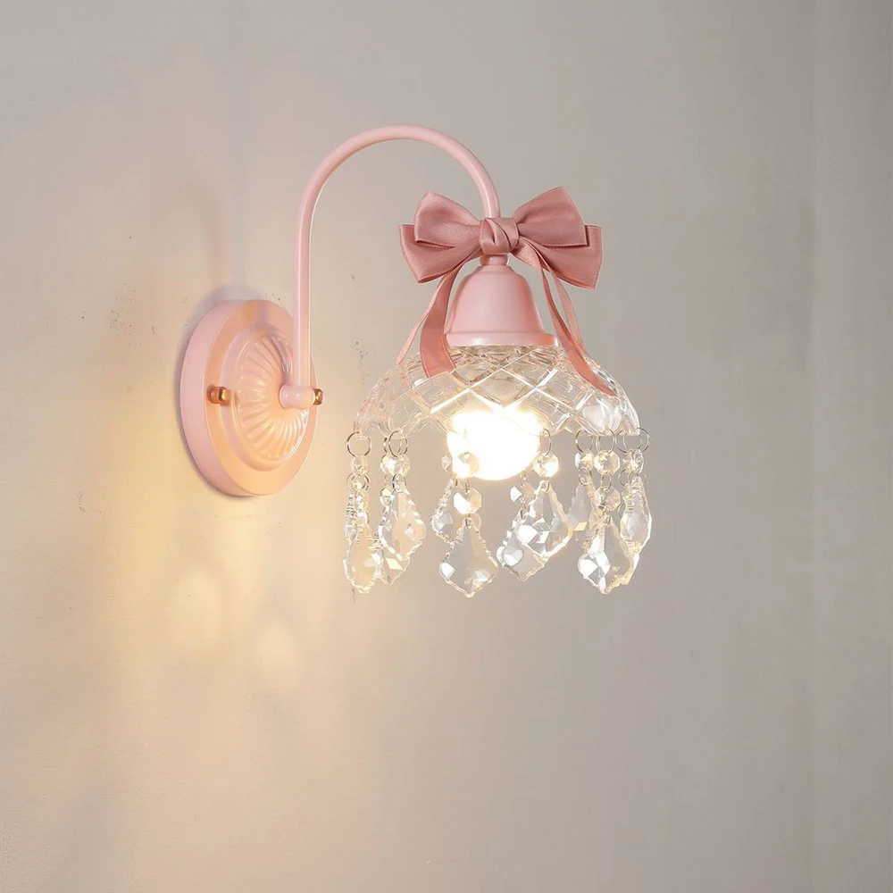 French Crsystal Glass Wall Lamps With Bow Tie Pink Green Princess Room Bedroom Bedside Wall Light for Children's Room Kids Baby