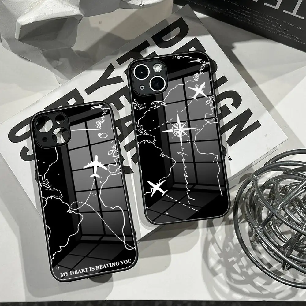 Travel nspired Airplane Route Phone Case Tempered Glass Shell FOR IPhone 16ProMAX 14 12 17Pro Air 15 16 Plus 13 Pro MAX Cover