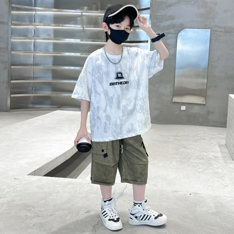 Child Summer Suit for Boy New Design Silver Sprinkles Print Cotton Top and Bottom Set Clothing 2 Piece Outfit For Kids Age 2-14Y