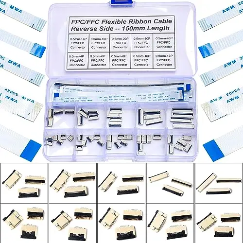 0.5mm Pitch Flexible Flat Cable FFC FPC Ribbon Socket Connector Kit, 4-40 Pin Adapter Sockets for PCB, 0.5mm FFC Kit