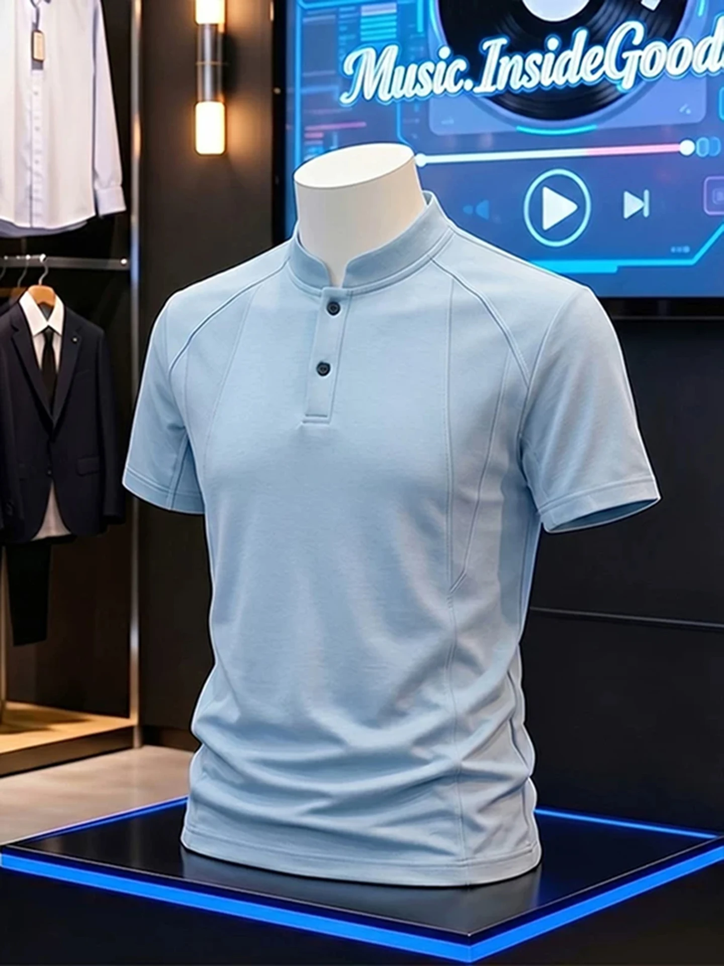 Light Blue Quick Dry Short Sleeve Henry Collar Fitness Sport T-Shirt American Structure Shoulder Level Polyester Fiber Tee