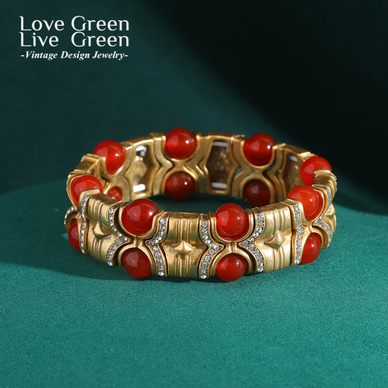 

Layered Red Agate Wide Women'S Bracelet Vintage Natural Stone Antique Gold Color Bangle Luxury Elastic Bohemian Handmade Jewelry