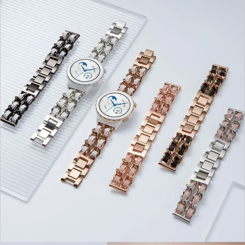 Leather+Stainless Steel Chain Watchband for Huawei Gt3 Pro 43mm 20mm Fashion Bracelet Strap for Gt2 42mm/GT3 42mm Smartwatch