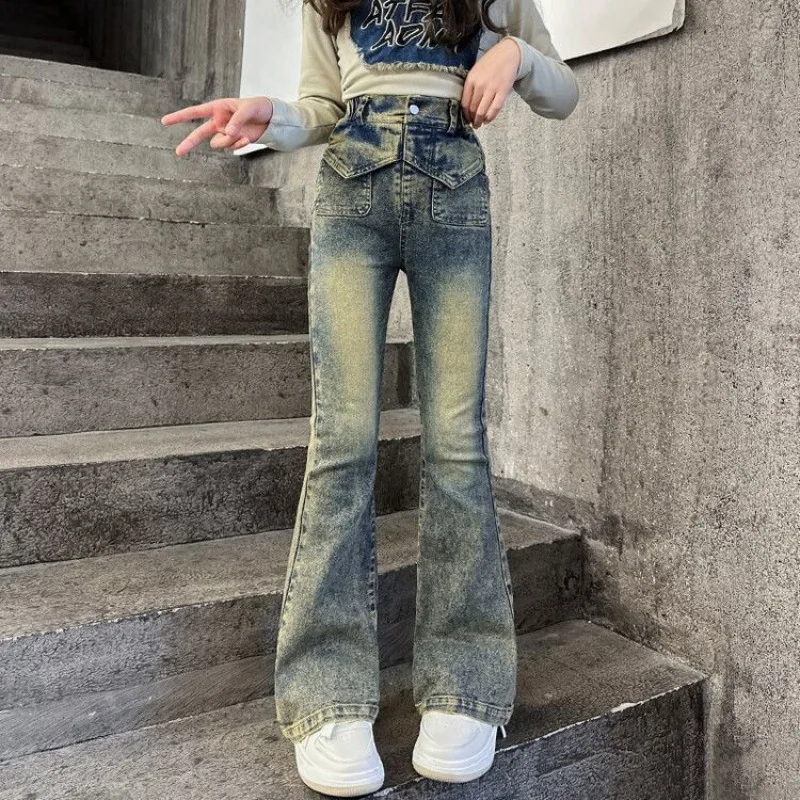 2025 Autumn New Girl's Bell-Bottom Jeans - Tween Girls' Fitted Fish Tail Jeans, Hong Kong Style Vintage Denim Pants for Kids