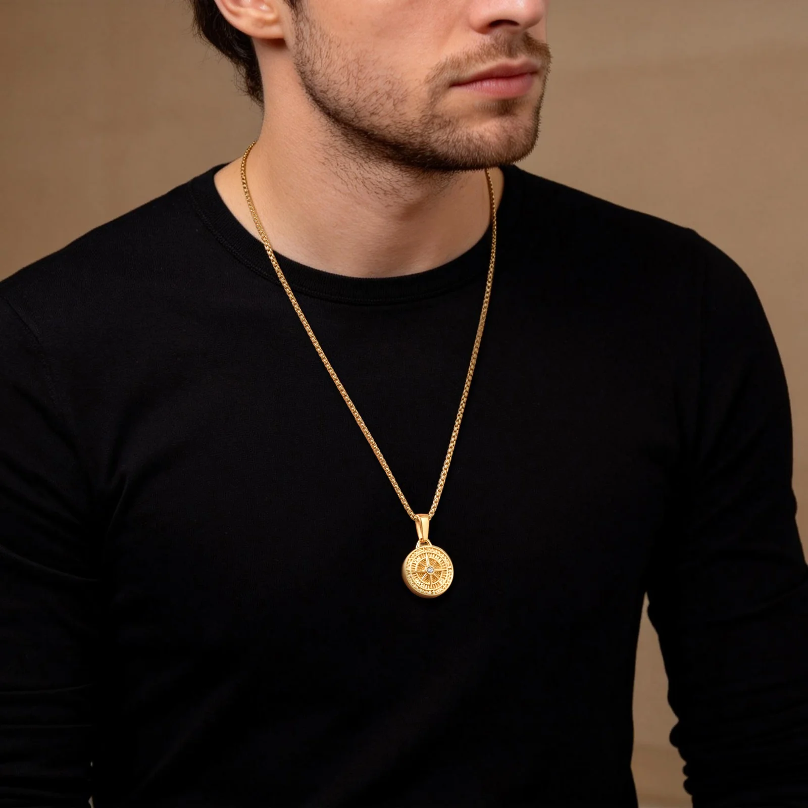 Vnox Zircon Eight-Point Star Round Pendant Necklace, Gold Silver Color Stainless Steel Box Chain Compass Necklace for Men Boys