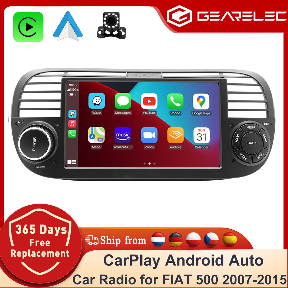 Autoradio Android 14 pour FIAT 500 2007-2015 CarPlay Android Auto Lecteur multimédia de voiture GPS Navigation WIFI Bluetooth
