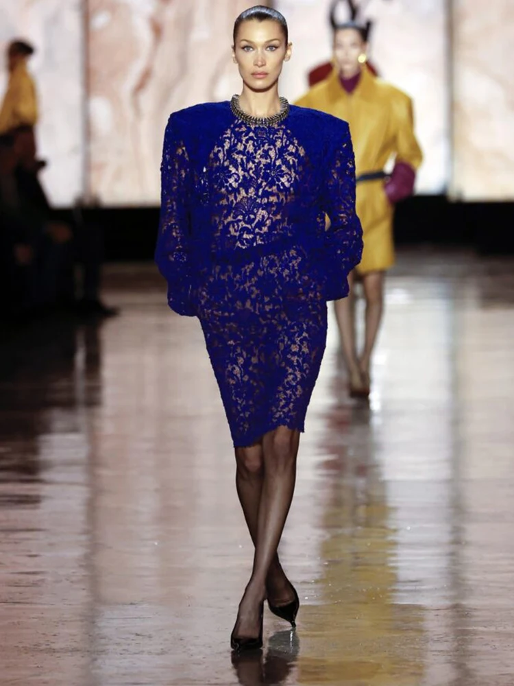 Elegant Purple Sheer Lace Midi Dress with Oversized Shoulders Vintage Floral Pattern Long Sleeve Cocktail Party Dress for Women