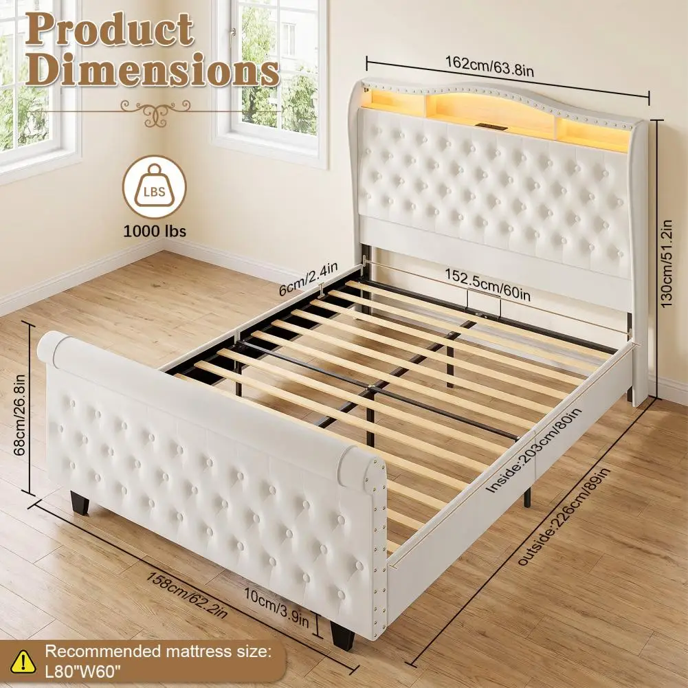 Upholstered Queen Size Bed Frame with LED Lights & Charging Station, Velvet Platform Bed Frame with Wingback Headboard & Footboa