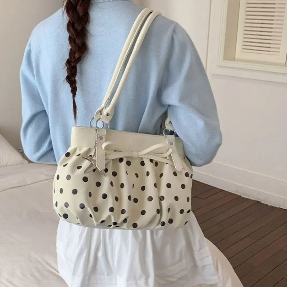 

Fashion Sweet Polka Dot Shoulder Bag PU Large Capacity Ruched Underarm Bag Star Pendant Bow Decor Tote Bag Sports