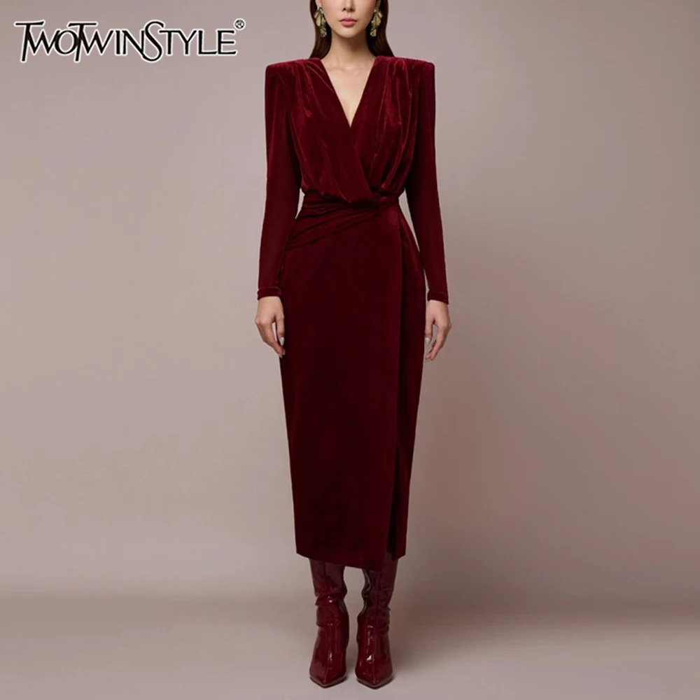 TWOTWINSTYLE Solid Velvet Dresses For Women V Neck Long Sleeve High Waist Elegant Spliced Fold Dress Female Fashion Clothing New