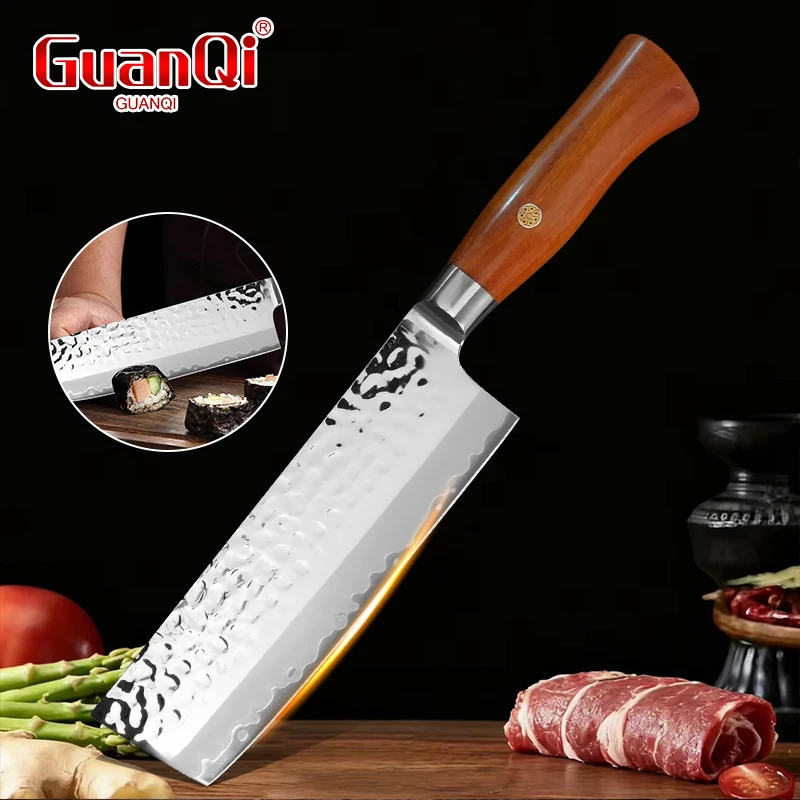 Hand Hammered Kitchen Knife Japanese Style Sharp Chopping Knife Wood Handle for Vegetable Meat Sushi Cutting Cooking Knife