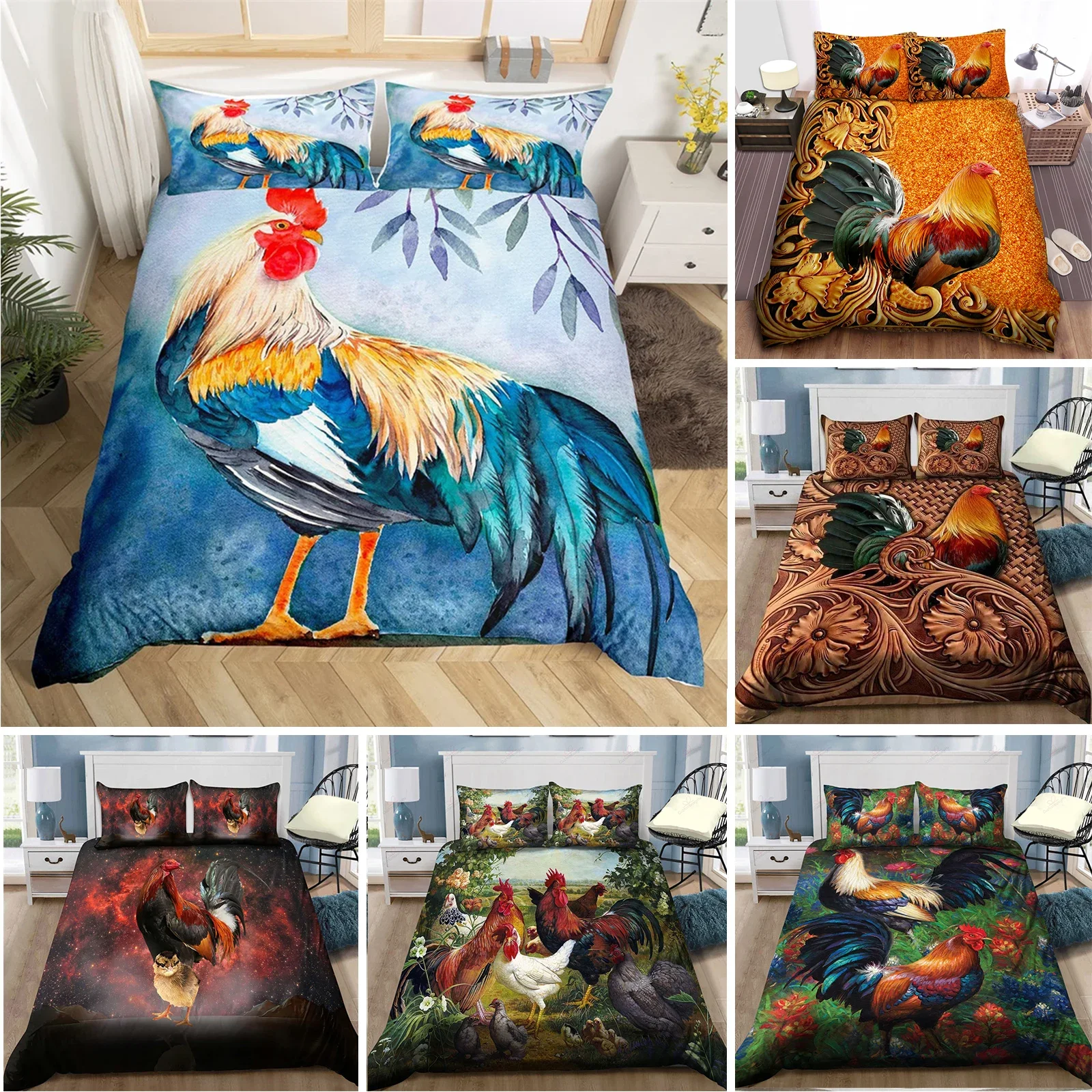 

Rooster Bedding Set Farm Animal Duvet Cover Full King Queen Size Microfiber 2/3PCS Farmhouse Chicken Quilt Cover With Pillowcase