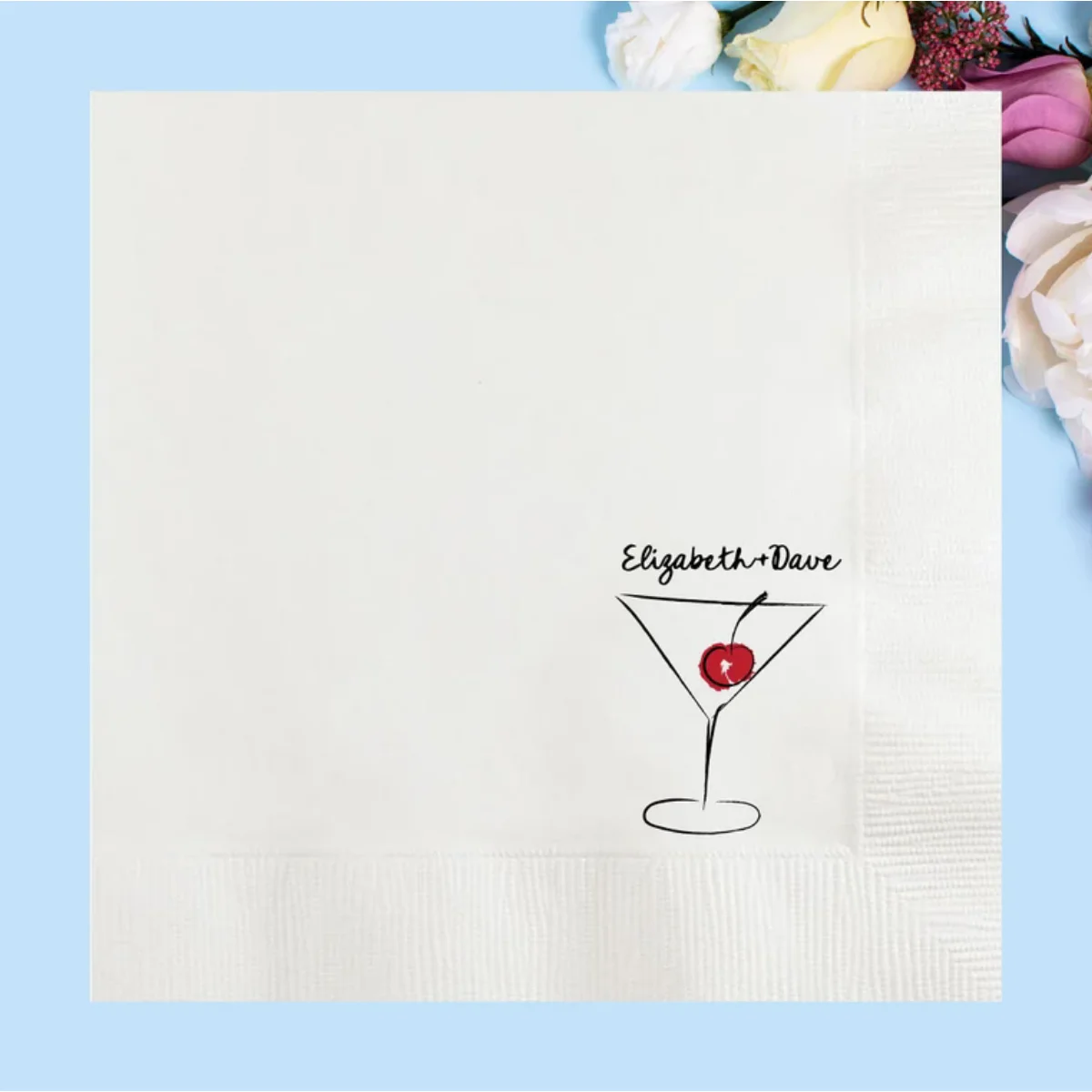 Servilletas de boda personalizadas dibujadas a mano caprichosas de cristal Martini con cereza roja, servilleta de papel personalizada voto, fiesta de compromiso, Rehe