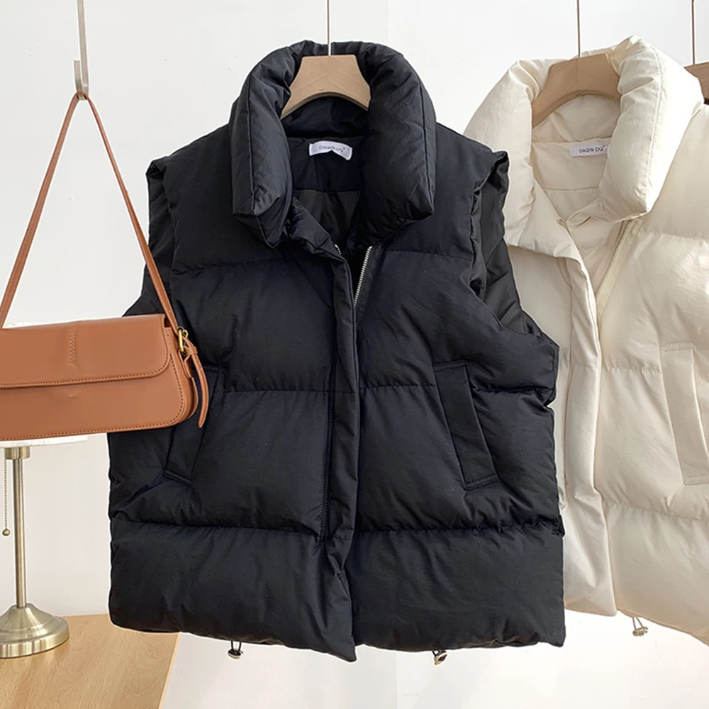 

2023 Women New Fashion Autumn Stand Collar Elegant Down Coats Warm Outerwear Casual Belt Sleeveless Winter Women Vests Jackets