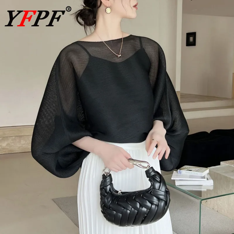 

YFPF Casual Pleated Loose T-shirt Women O Neck Puff Sleeve Loose Solid Color Pullover Blouse Fashion 2026 Spring New Clothing