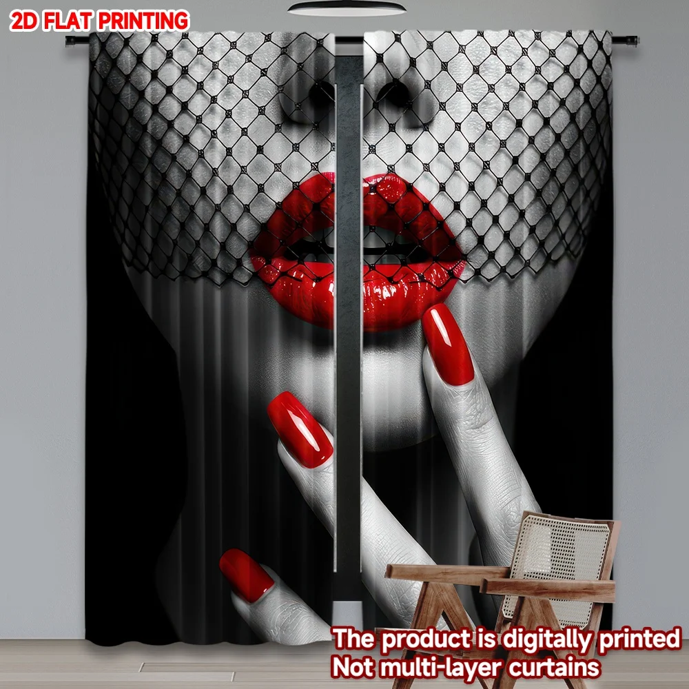 

2D flat printing 2pcs Window Curtains Red Lips with Veil Digital Printed Polyester Drapes Birthday Party Perfect for All Season