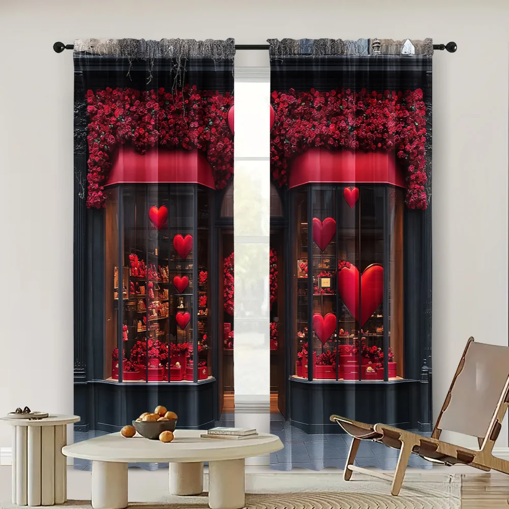 2pc,  Happy Valentine's Day Scene Curtains Romantic Confession Rose Fabric,Without Electricity Party Decorations Use for Holiday