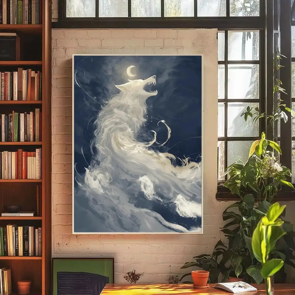 Lone Wolf Under Moon Painting Calligraphy HD Canvas Wall Art Print,Modern Home Decor for Bedroom,Living Room or Office