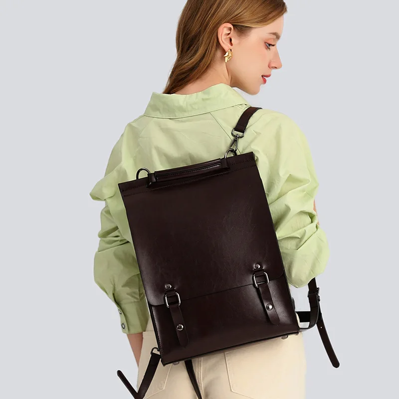

2025 New Genuine Leather Women British Style School Bag For College Students Cambridge Commuter Cowhide Backpack