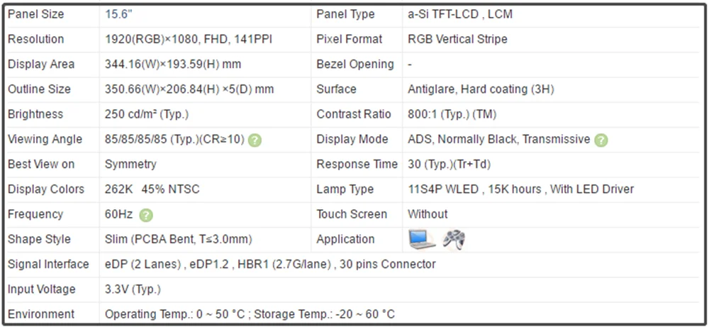 N156HCA-E5A NV156FHM-N4H NV156FHM-N4T 15.6 inch LCD Screen Slim IPS Panel 1920x1080 FHD 141PPI EDP 30pins 60Hz Non-Touch