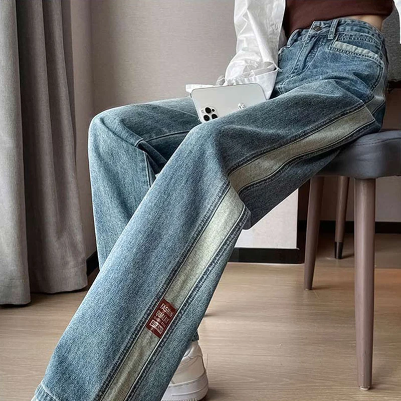 Jean bleu taille haute pour femme, pantalon en denim à jambe large, mode coréenne Y2K, streetwear, épissage, tendance féminine droite, automne