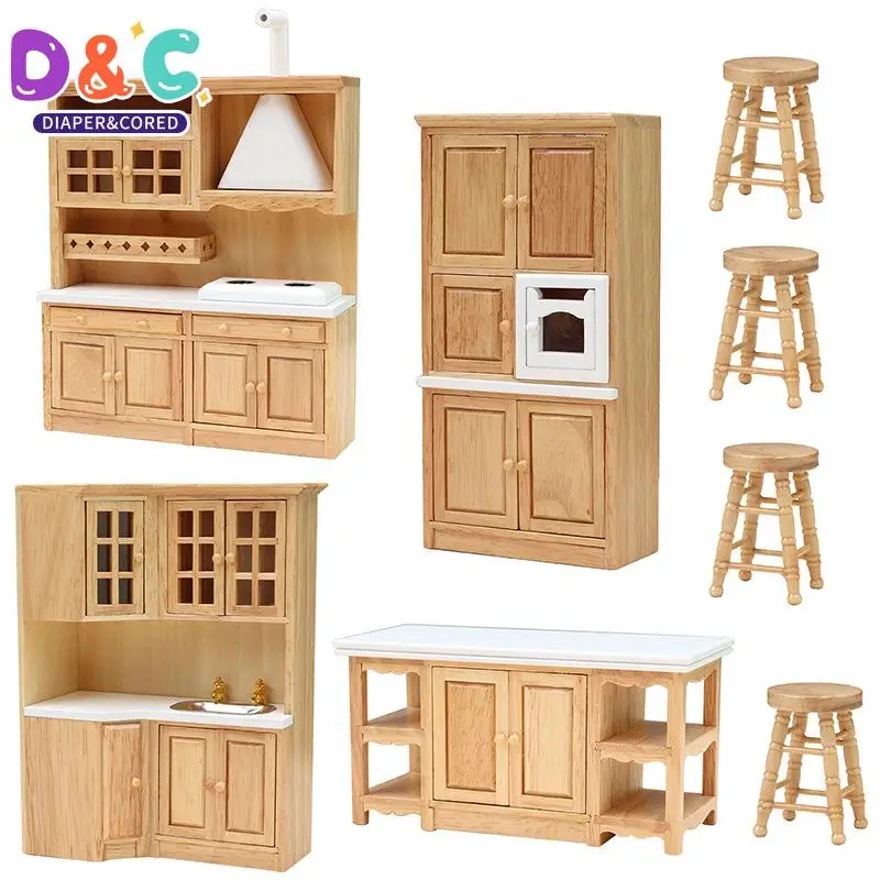 1Set 1:12 Dollhouse Miniature Kitchen Furniture Sink Cabinet Stove Cabinet Cupboard Cooking Table Stool Model Decor Toy