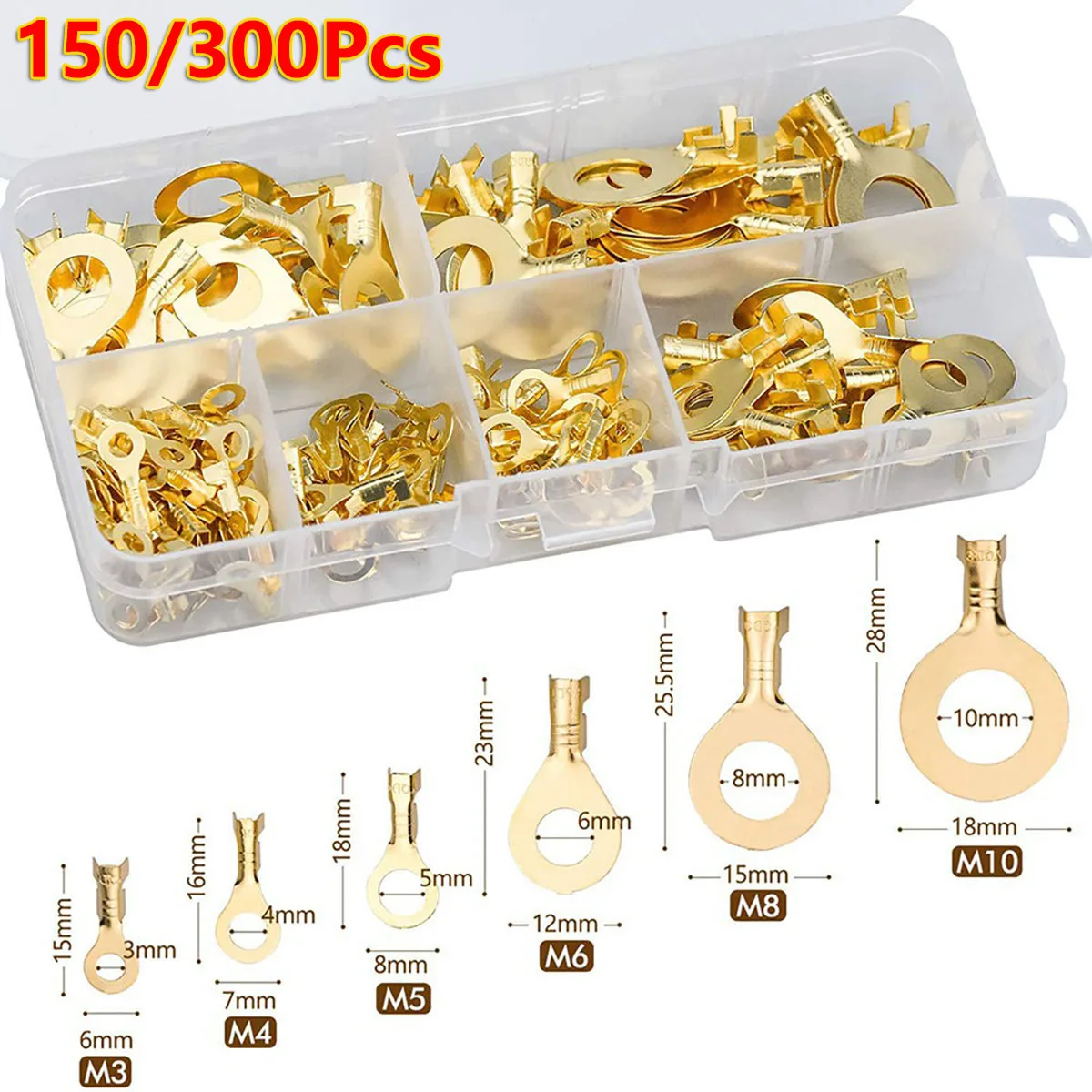 150/300Pcs Round Terminal Block O-type Lugs Terminals Cold-Pressed Connector Copper Tab Wiring Nose Combination Wire Connectors