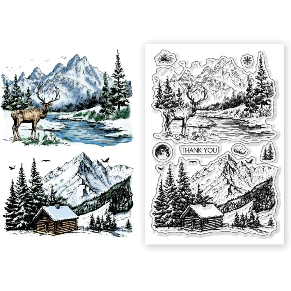 Snow Scenery Theme Clear Stamps Mountain Deer House Tree Background Transparent Silicone Seal Stamps for DIY Scrapbooking