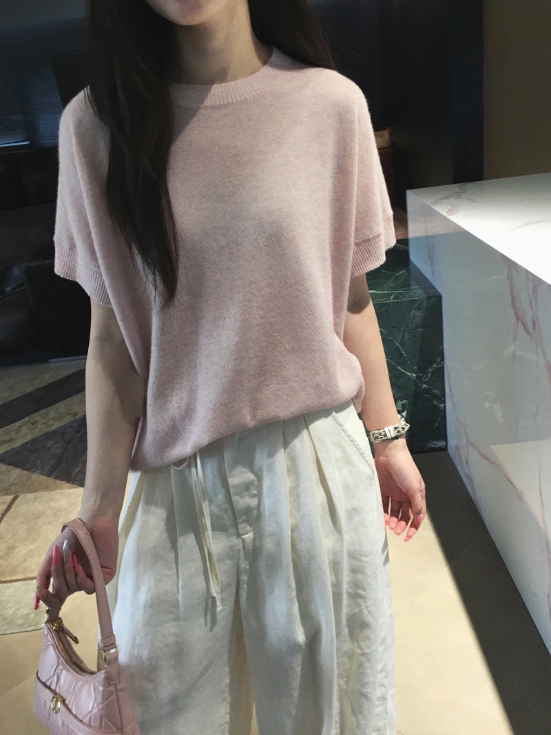 

Женский свитер Cuijia из ультратонкой мериносовой шерсти, вязаный, с круглым вырезом, коротким рукавом, в повседневном стиле, мягкий, удобный, весенняя мода